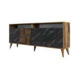 Credenza Kepler, Buffet da soggiorno, Madia da salotto, Dispensa da cucina, 180x35 h79 cm, Noce e Nero