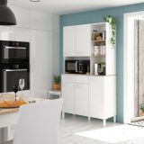 Credenza- Laredo, Mobile ausiliario da cucina, Credenza a 5 ante e 1 cassetto con ripiani, Armadio aperto, 108x40h186 cm, Bianco e Rovere