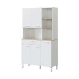 Credenza- Laredo, Mobile ausiliario da cucina, Credenza a 5 ante e 1 cassetto con ripiani, Armadio aperto, 108x40h186 cm, Bianco e Rovere
