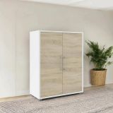 Credenza Leocadie, Buffet da soggiorno, Madia da salotto, Dispensa da cucina, 89x40 h113 cm, Bianco e Quercia