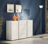 Credenza Libreville, Buffet da soggiorno, Madia da salotto, Dispensa da cucina, Made in Italy, 140x38h92 cm, Bianco lucido e Antracite