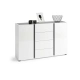 Credenza Libreville, Buffet da soggiorno, Madia da salotto, Dispensa da cucina, Made in Italy, 140x38h92 cm, Bianco lucido e Antracite
