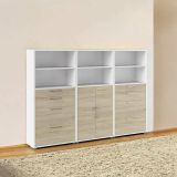 Credenza Lilas, Buffet da soggiorno, Madia da salotto, Dispensa da cucina, 267x40 h186 cm, Bianco e Quercia