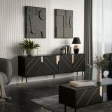 Credenza Lordelo, Madia da salotto con quattro ante battenti e vani interni, Rialzata da terra, 204x40 h72 cm, Nero e Oro