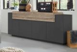 Credenza Loris, Madia da cucina a 4 ante, Buffet da soggiorno, 100% Made in Italy, cm 220x45h86, Antracite e Acero