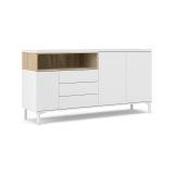 Credenza Madeleine, Buffet da soggiorno, Madia da salotto, Dispensa da cucina, 48x176 h90 cm, Bianco e Quercia