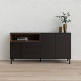 Credenza Madeleine, Buffet da soggiorno, Madia da salotto, Dispensa da cucina, 48x176 h90 cm, Nero e Noce