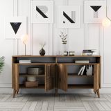 Credenza Marrone Noce 2 Ripiani 4 Ante 160x35x78h cm, 6 Vani - Thuile