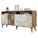 Credenza Marrone Noce Bianco Marmo Cassetti 2 Ripiani 160x35x78h cm, Apertura Battente - Benjamin