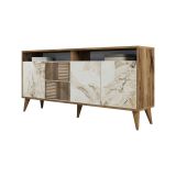 Credenza Marrone Noce Bianco Marmo Cassetti 2 Ripiani 160x35x78h cm, Apertura Battente - Benjamin