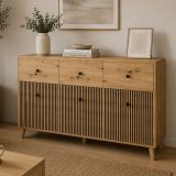 Credenza Marrone Rovere Nero 3 Ripiani 3 Cassetti 135x42x95h cm, 6 Vani - Lepa
