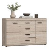 Credenza Marrone Rovere Nero 4 Cassetti 2 Ripiani 140x42x87h cm, Apertura Battente, Scorrevole - Hamireso