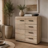 Credenza Marrone Rovere Nero 4 Cassetti 2 Ripiani 80x42x87h cm, Apertura Battente, Scorrevole - Hamo