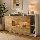 Credenza Marrone Rovere Nero 8 Ripiani Apertura Battente 155x44x94h cm, 3 Ante - Hafa