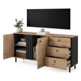 Credenza Marrone Rovere Nodi Nero 3 Cassetti 2 Ripiani 165x40x82h cm, Apertura Battente, Scorrevole - Haradali