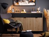 Credenza Marrone Rovere Nodi Nero 3 Cassetti 3 Ripiani 157x40x92.5h cm, Apertura Battente e Scorrevole - Robbio