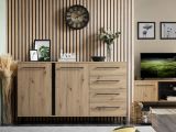 Credenza Marrone Rovere Nodi Nero 4 Cassetti 2 Ripiani 159x42x95h cm, Apertura Battente e Scorrevole - Ceredano