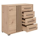 Credenza Marrone Rovere Nodi Nero 4 Cassetti un Ripiano 93x40x82h cm, Apertura Battente e Scorrevole - Boscone