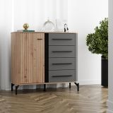 Credenza Marrone Rovere Nodi Nero Antracite 2 Ripiani 4 Cassetti 103x40x94h cm, Un'anta - Carmel