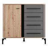 Credenza Marrone Rovere Nodi Nero Antracite 2 Ripiani 4 Cassetti 103x40x94h cm, Un'anta - Carmel