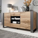 Credenza Marrone Rovere Nodi Nero Antracite 4 Ripiani 2 Cassetti 164x44x80h cm, 2 Ante - Albignola