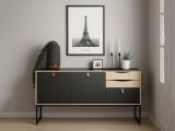 Credenza nera e quercia 147x40x86h cm 2 ante e 3 cassetti - Khan