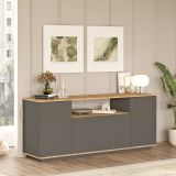 Credenza Nero Antracite Marrone Rovere 3 Ripiani 4 Ante 180x45x75h cm, 6 Vani - Cisliano