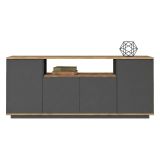 Credenza Nero Antracite Marrone Rovere 3 Ripiani 4 Ante 180x45x75h cm, 6 Vani - Cisliano