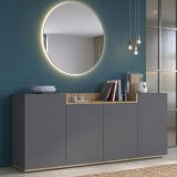Credenza Nero Antracite Marrone Rovere 6 Ripiani Apertura Battente 160x35x70h cm, 4 Ante Made in Italy - Swink