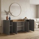 Credenza Nero Antracite Marrone Rovere 6 Ripiani Apertura Battente 160x35x70h cm, 4 Ante Made in Italy - Swink
