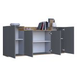 Credenza Nero Antracite Marrone Rovere 6 Ripiani Apertura Battente 160x35x70h cm, 4 Ante Made in Italy - Swink
