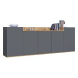 Credenza Nero Antracite Marrone Rovere 7 Ripiani Apertura Battente 200x35x70h cm, 5 Ante Made in Italy - Cordele
