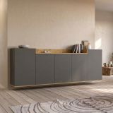 Credenza Nero Antracite Marrone Rovere 7 Ripiani Apertura Battente 200x35x70h cm, 5 Ante Made in Italy - Cordele