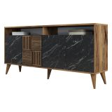 Credenza Nero Marmo Marrone Noce 2 Ripiani 4 Ante 160x35x78h cm, 6 Vani - Thuile