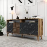 Credenza Nero Marmo Marrone Noce 2 Ripiani 4 Ante 160x35x78h cm, 6 Vani - Thuile
