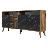 Credenza Nero Marmo Marrone Noce 2 Ripiani 4 Ante 160x35x78h cm, 6 Vani - Thuile