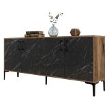 Credenza Nero Marmo Marrone Noce 2 Ripiani 4 Ante 180x35x78h cm, 4 Vani - Pollein