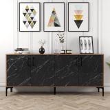 Credenza Nero Marmo Marrone Noce 2 Ripiani 4 Ante 180x35x78h cm, 4 Vani - Pollein