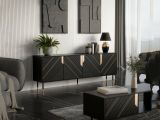 Credenza Nero oro 4 Ripiani 8 Vani 204x40x72h cm, 4 Ante - Landiona