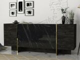 Credenza Okul, Buffet da soggiorno, Madia da salotto, Dispensa moderna da cucina, 180x47h76 cm, Nero e Oro