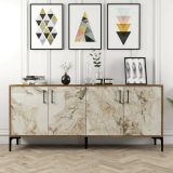 Credenza Orionis, Buffet da soggiorno, Madia da salotto, Dispensa moderna da cucina, 180x35h78 cm, Noce e Bianco Marmo