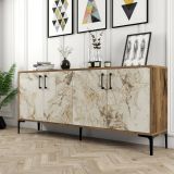 Credenza Orionis, Buffet da soggiorno, Madia da salotto, Dispensa moderna da cucina, 180x35h78 cm, Noce e Bianco Marmo
