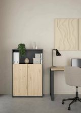 Credenza Perrine, Buffet da soggiorno con ante, Madia da salotto, Credenza moderna, 80x34 h124 cm, Rovere e Grigio
