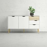 Credenza Renee, Buffet da soggiorno, Madia da salotto, Dispensa da cucina, 147x39 h81 cm, Bianco e Quercia