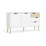 Credenza Renee, Buffet da soggiorno, Madia da salotto, Dispensa da cucina, 147x39 h81 cm, Bianco e Quercia
