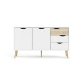 Credenza Renee, Buffet da soggiorno, Madia da salotto, Dispensa da cucina, 147x39 h81 cm, Bianco e Quercia