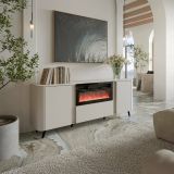Credenza Santarem, Madia da salotto con due ante battenti, anta a ribalta- e camino elettrico, Rialzata da terra, 191x40 h69 cm, Beige