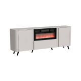 Credenza Santarem, Madia da salotto con due ante battenti, anta a ribalta- e camino elettrico, Rialzata da terra, 191x40 h69 cm, Beige
