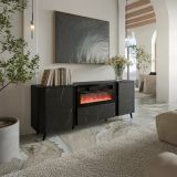 Credenza Santarem, Madia da salotto con due ante battenti, anta a ribalta- e camino elettrico, Rialzata da terra, 191x40 h69 cm, Marmo e Nero
