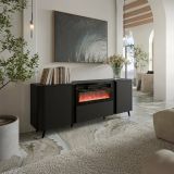 Credenza Santarem, Madia da salotto con due ante battenti, anta a ribalta- e camino elettrico, Rialzata da terra, 191x40 h69 cm, Nero